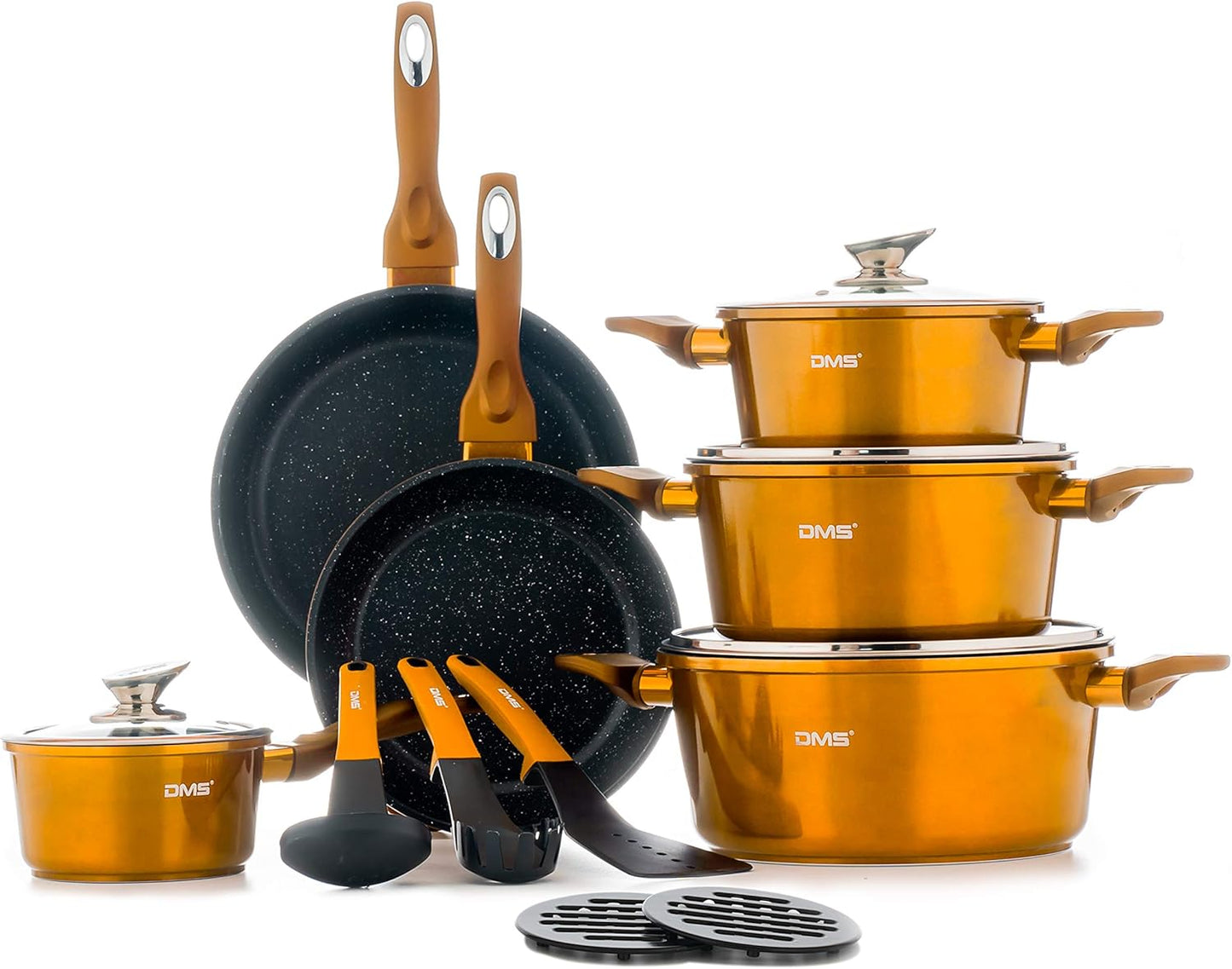 DMS 15-Piece Induction Cookware Cooking Set , Aluminium, Marble Coating, Dishwasher Safe - SmartGatelb