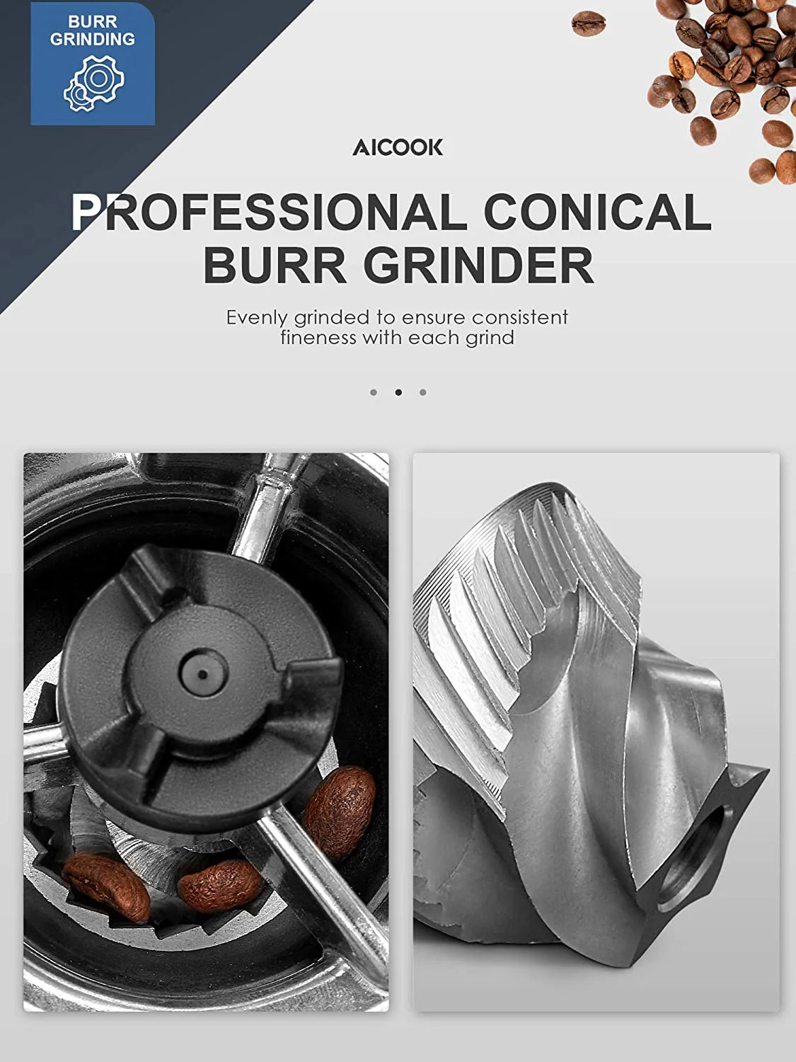 AICOOK Electric Conical Burr Coffee Grinder, 42 Precise Grind Settings, One Touch with 50S Grinding, Easy to Clean, Matte Black - SmartGatelb