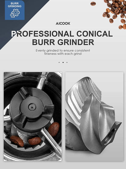 AICOOK Electric Conical Burr Coffee Grinder, 42 Precise Grind Settings, One Touch with 50S Grinding, Easy to Clean, Matte Black - SmartGatelb